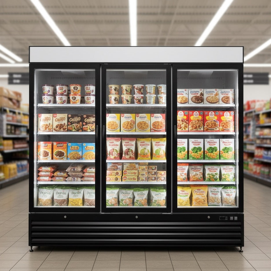 NMF72B 3 Triple Swing Door Freezer Merchandiser with Illuminated Top Panel, 2039L / 72CuFt, Black