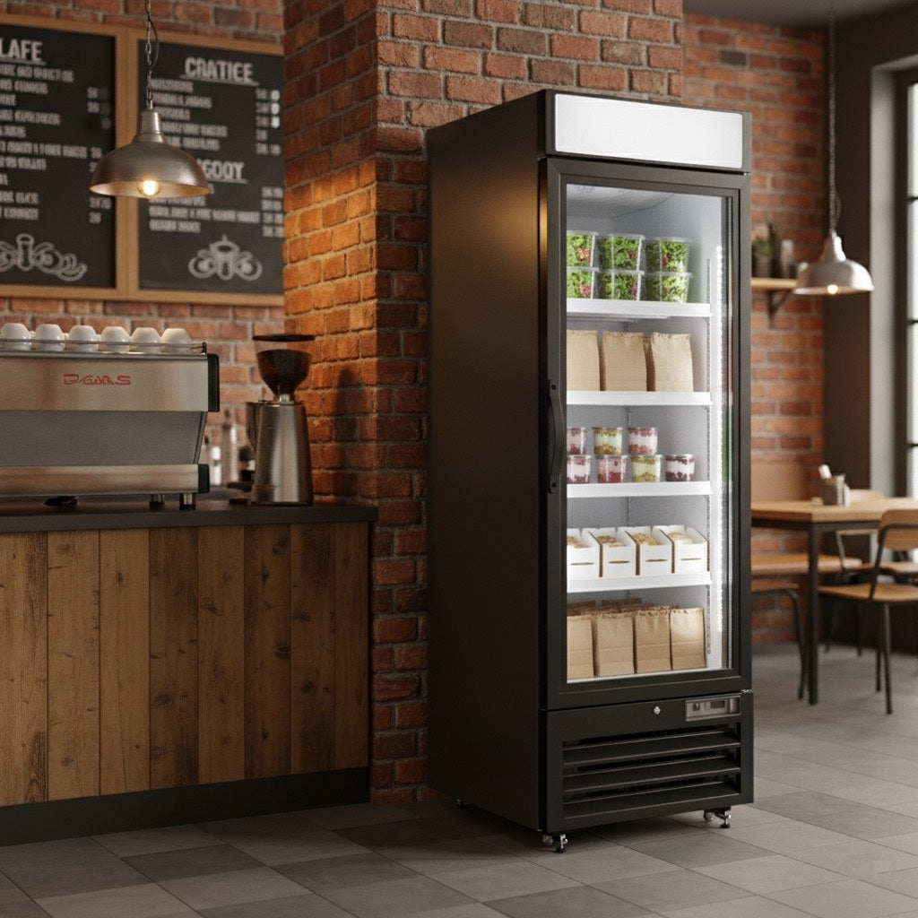 NMR23B 1 Single Swing Door Refrigerator Merchandiser with Illuminated Top Panel, 651.3l / 23cf, Black
