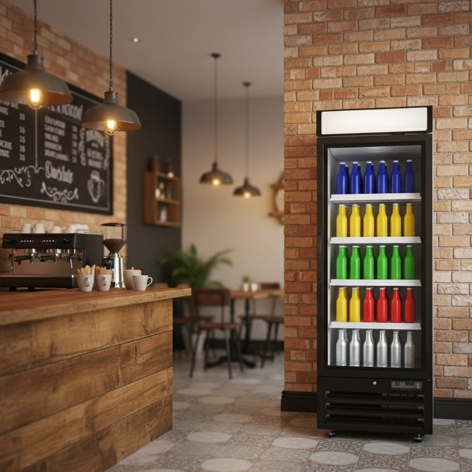 NMR23B 1 Single Swing Door Refrigerator Merchandiser with Illuminated Top Panel, 651.3l / 23cf, Black