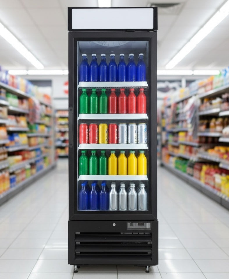 NMR23B 1 Single Swing Door Refrigerator Merchandiser with Illuminated Top Panel, 651.3l / 23cf, Black
