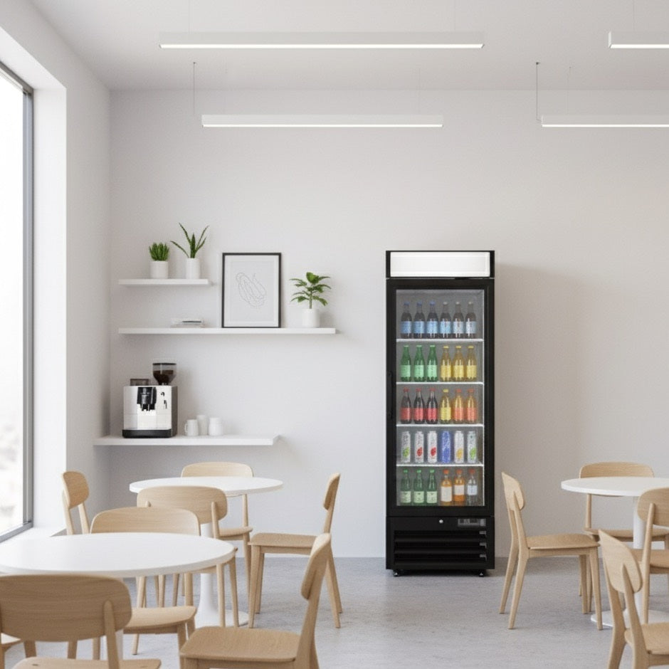 NMR23B 1 Single Swing Door Refrigerator Merchandiser with Illuminated Top Panel, 651.3l / 23cf, Black