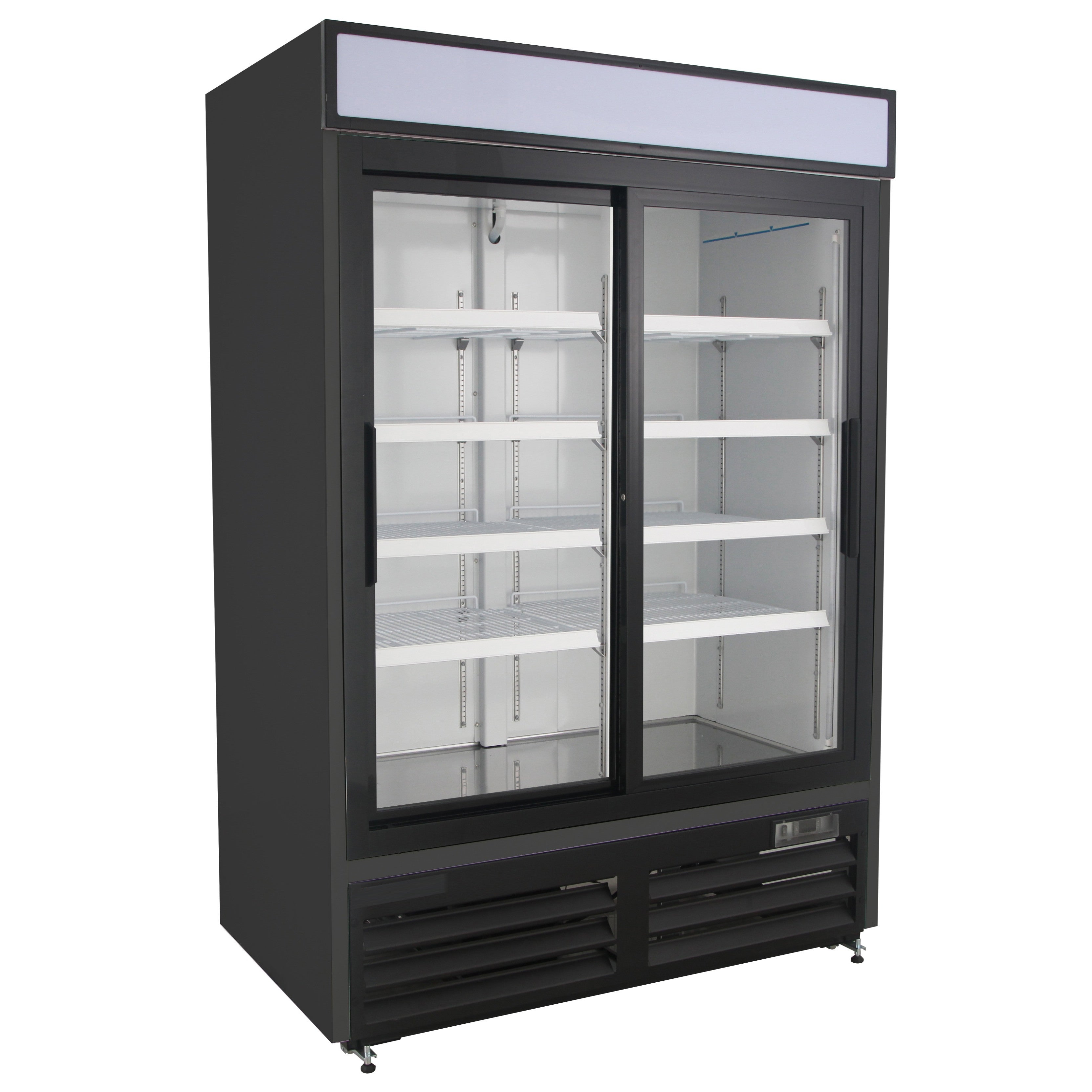 NMR48SB 2 Double Sliding Door Refrigerator Merchandiser with Illuminated Top Panel, 1359L / 48CuFt, Black