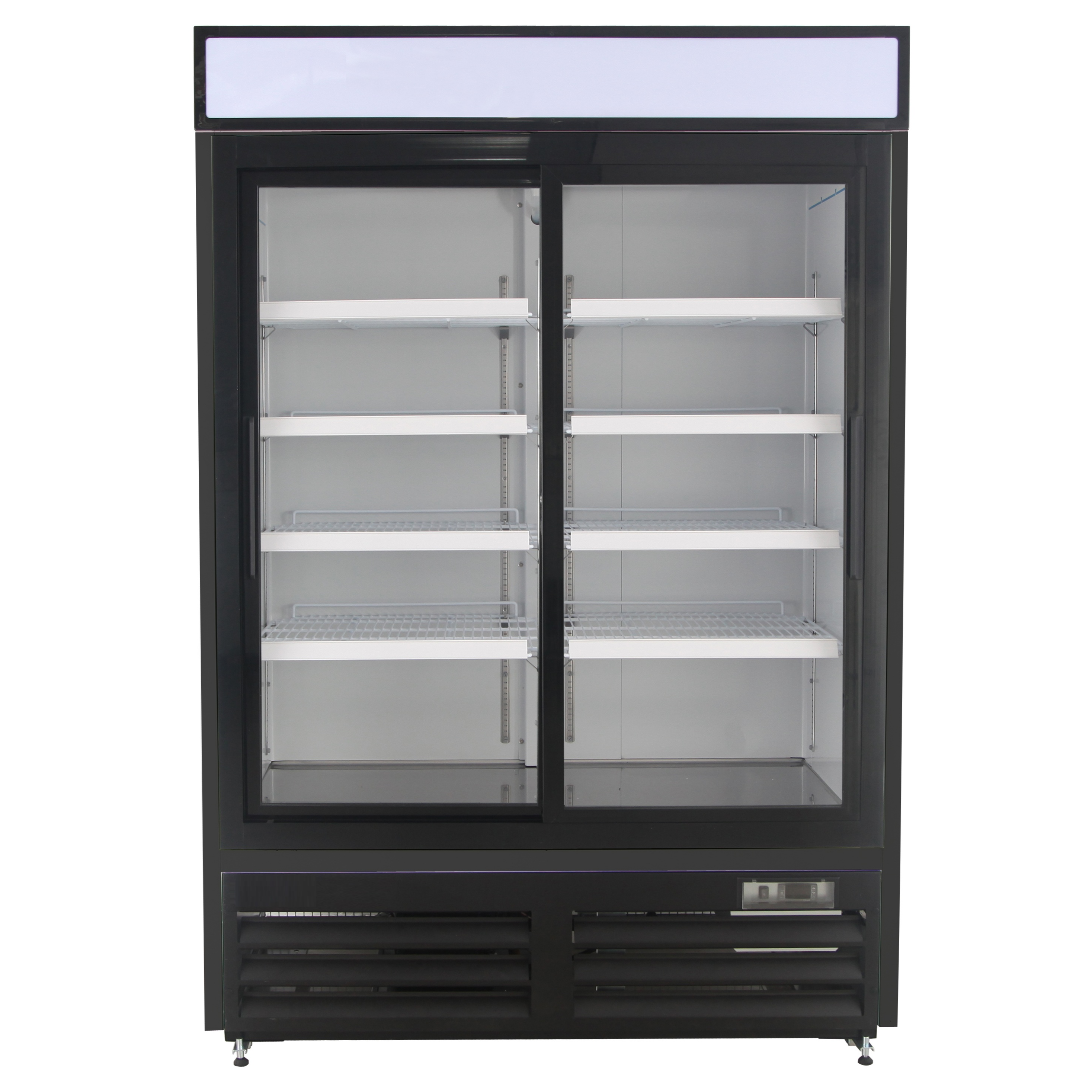 NMR48SB 2 Double Sliding Door Refrigerator Merchandiser with Illuminated Top Panel, 1359L / 48CuFt, Black