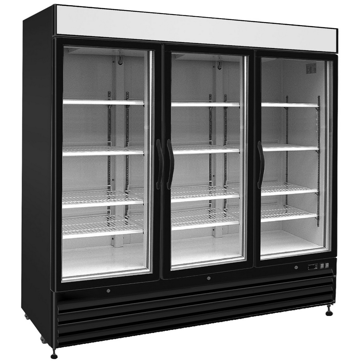 NMR72B 3 Triple Swing Door Refrigerator Merchandiser with Illuminated Top Panel, 2039L / 72CuFt, Black