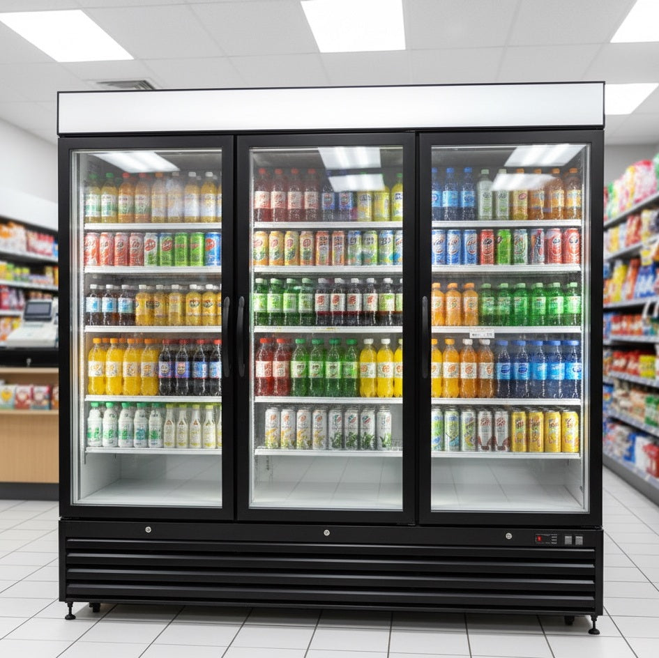 NMR72B 3 Triple Swing Door Refrigerator Merchandiser with Illuminated Top Panel, 2039L / 72CuFt, Black