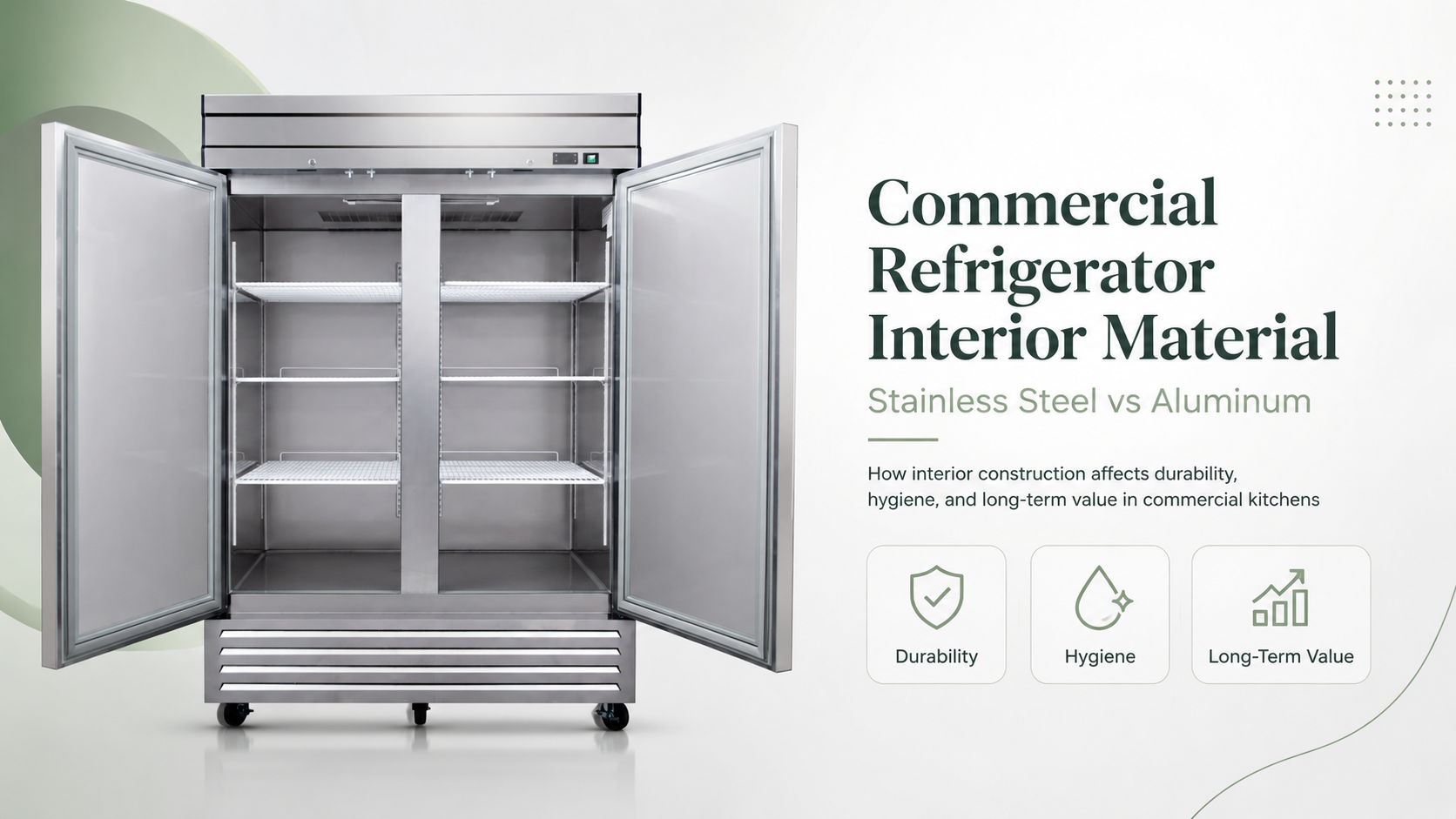 Commercial refrigerator interior material comparison showing a two-door reach-in refrigerator with stainless steel interior, highlighting durability, hygiene, and long-term value.