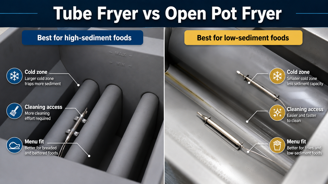 Tube fryer vs open pot fryer comparison showing cold zone, cleaning access, and menu fit for high-sediment and low-sediment commercial frying applications.