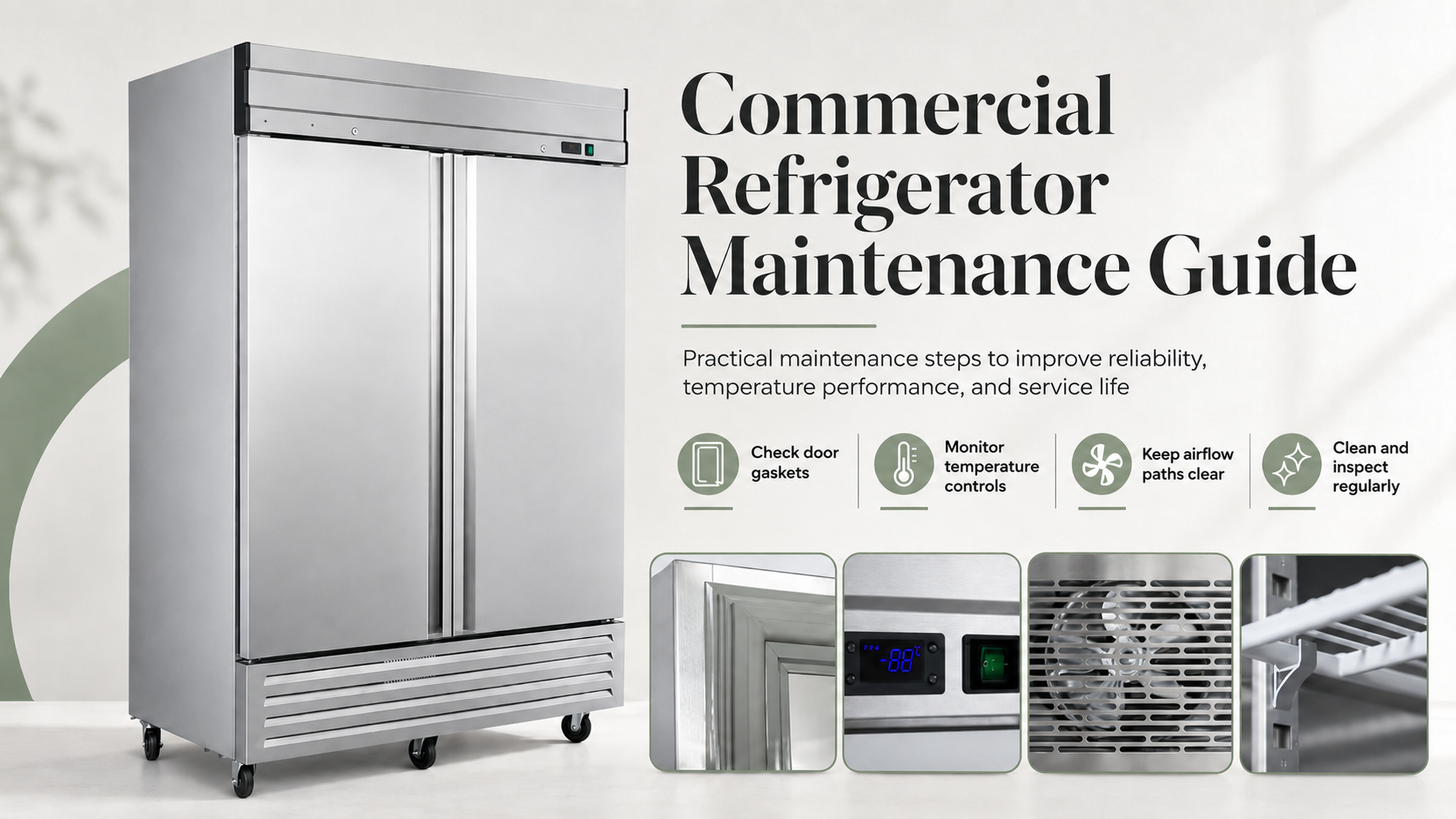 Commercial refrigerator maintenance guide hero image showing a stainless steel two-door reach-in refrigerator with maintenance callouts for door gaskets, temperature controls, airflow, and routine cleaning.