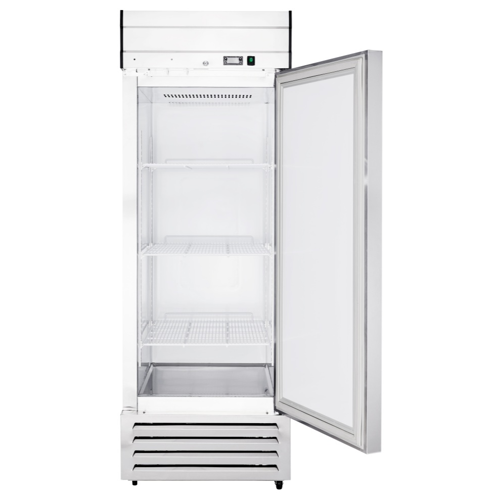 Stainless steel commercial freezer with 1 open door on a white background