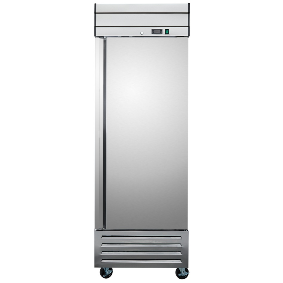 Stainless steel commercial freezer on a white background