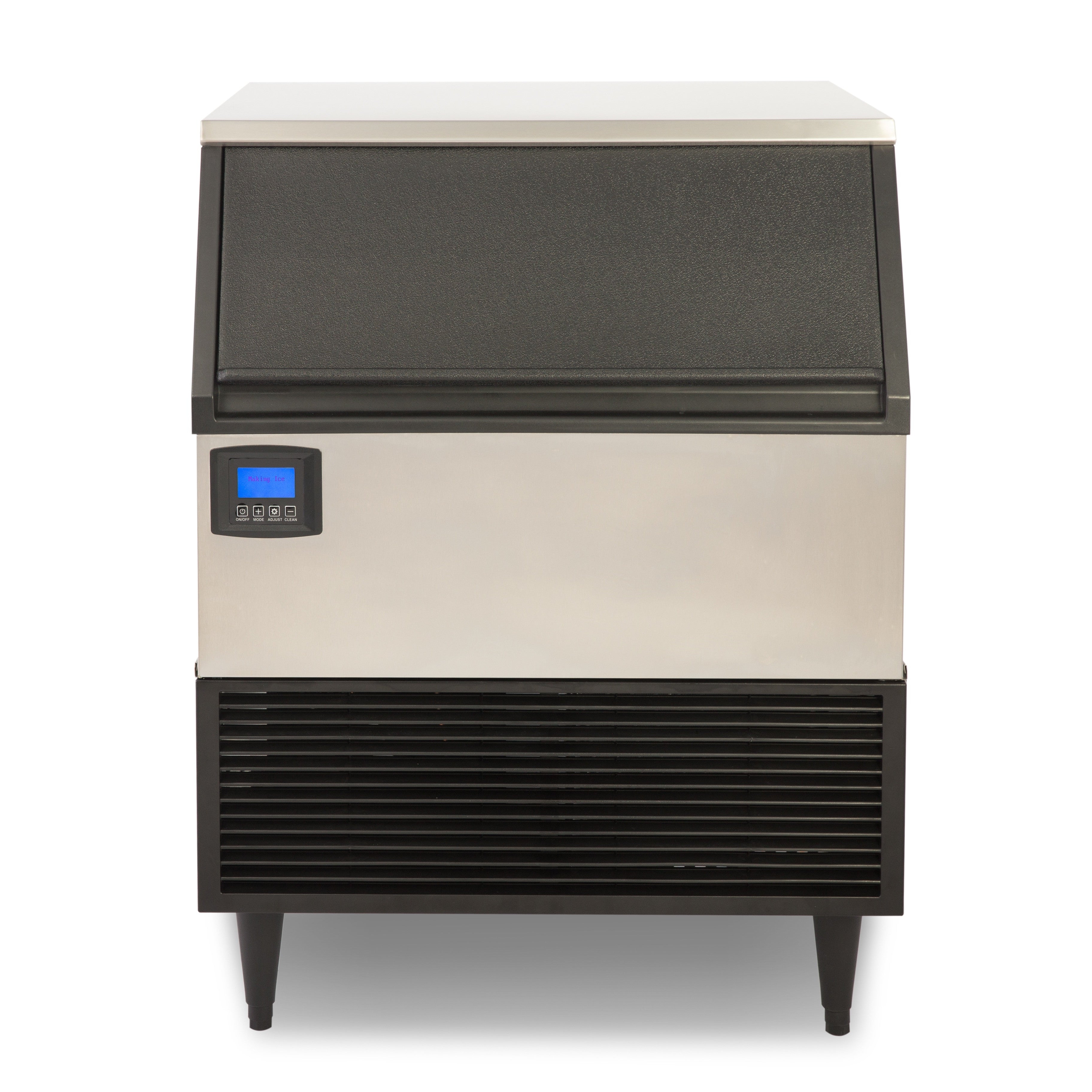 Commercial ice maker with a stainless steel front and sides on a white background
