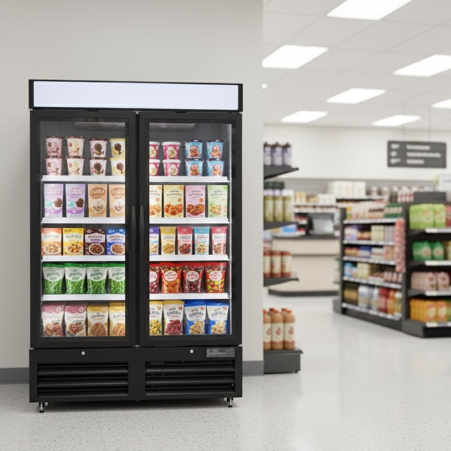 NMF48B 2 Double Swing Door Freezer Merchandiser with Illuminated Top Panel, 1359L / 48CuFt, Black
