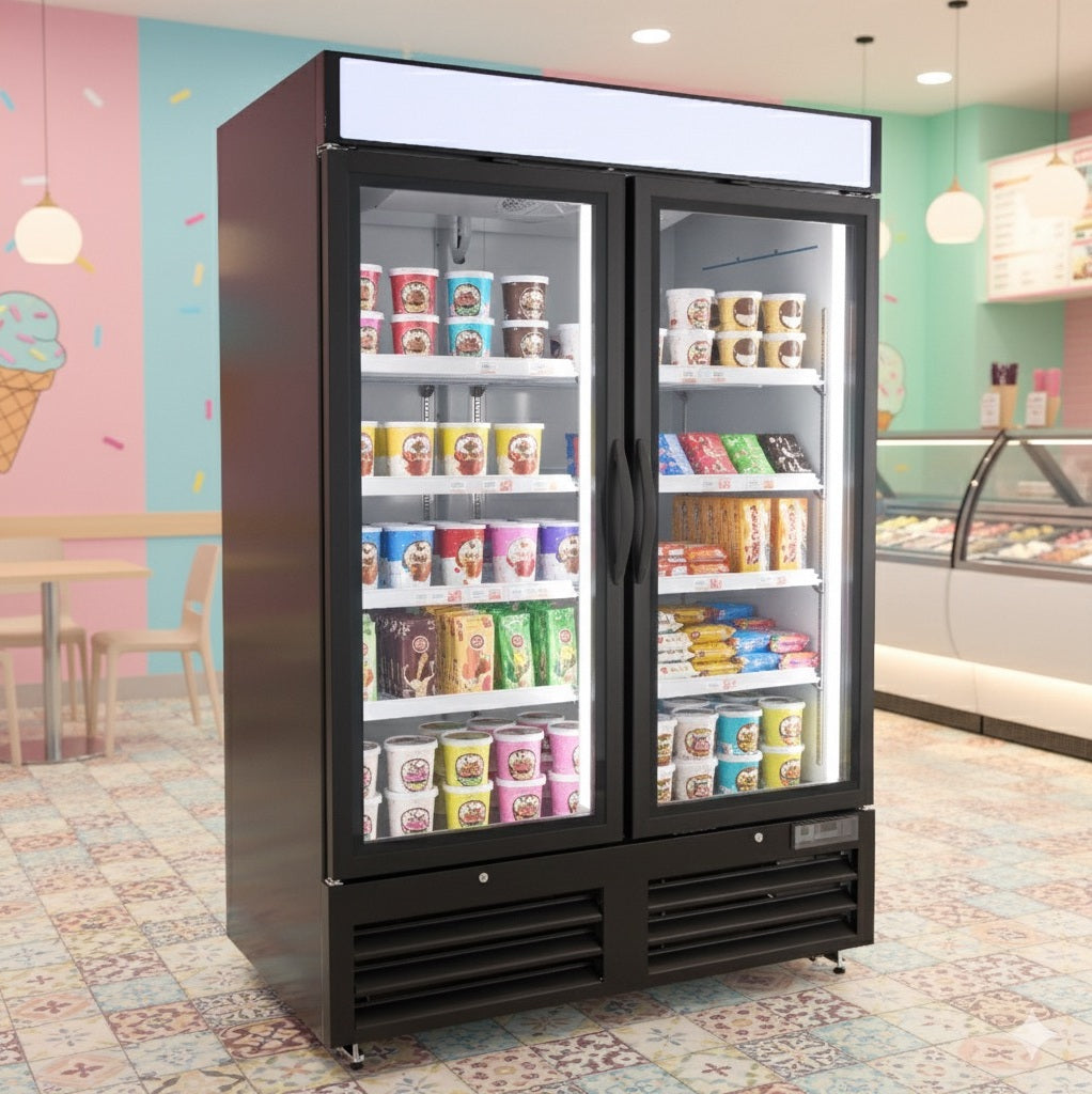 NMF48B 2 Double Swing Door Freezer Merchandiser with Illuminated Top Panel, 1359L / 48CuFt, Black
