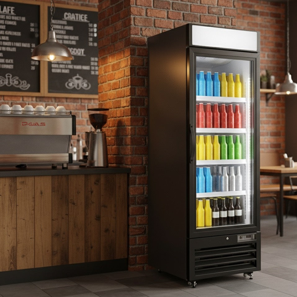 NMR23B 1 Single Swing Door Refrigerator Merchandiser with Illuminated Top Panel, 651.3l / 23cf, Black