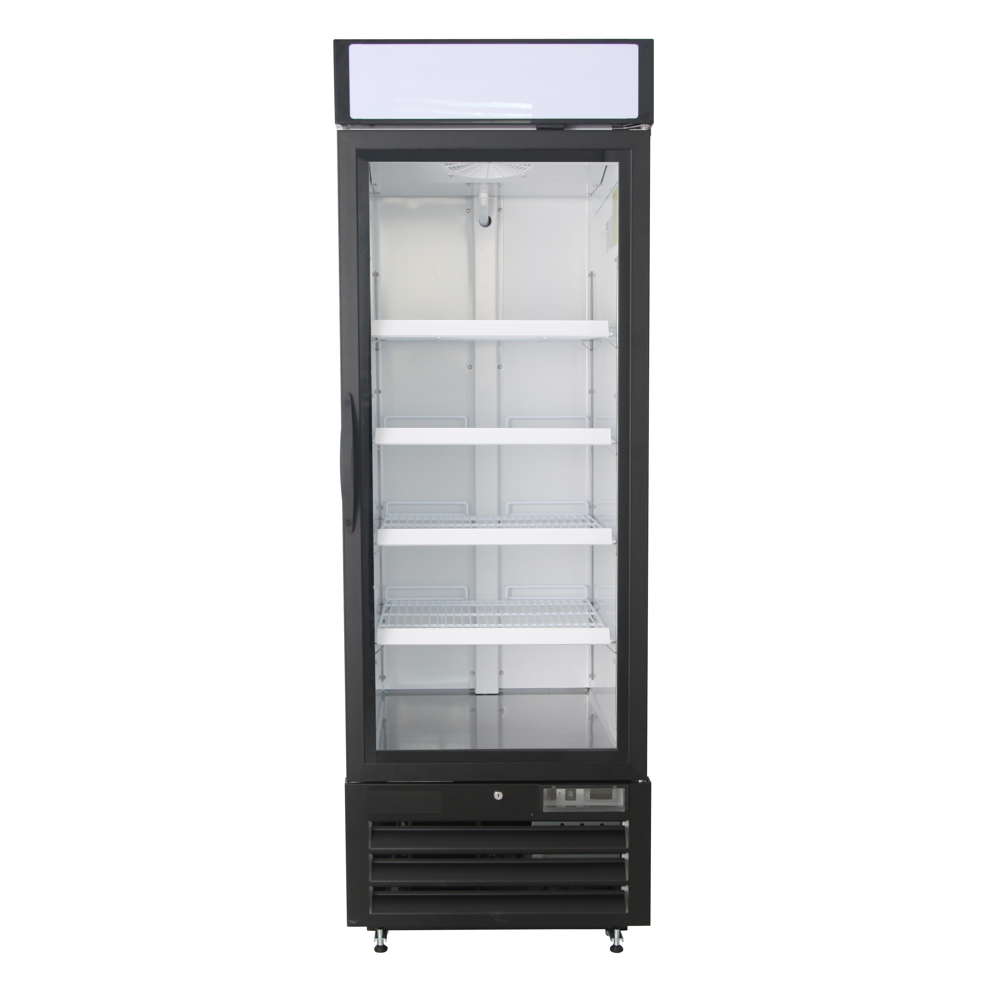 NMF23B 1 Single Swing Door Freezer Merchandiser with Illuminated Top Panel, 651.3l / 23cf, Black