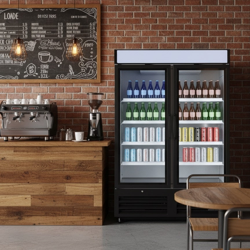 NMR48B 2 Double Swing Door Refrigerator Merchandiser with Illuminated Top Panel, 1359L / 48CuFt, Black