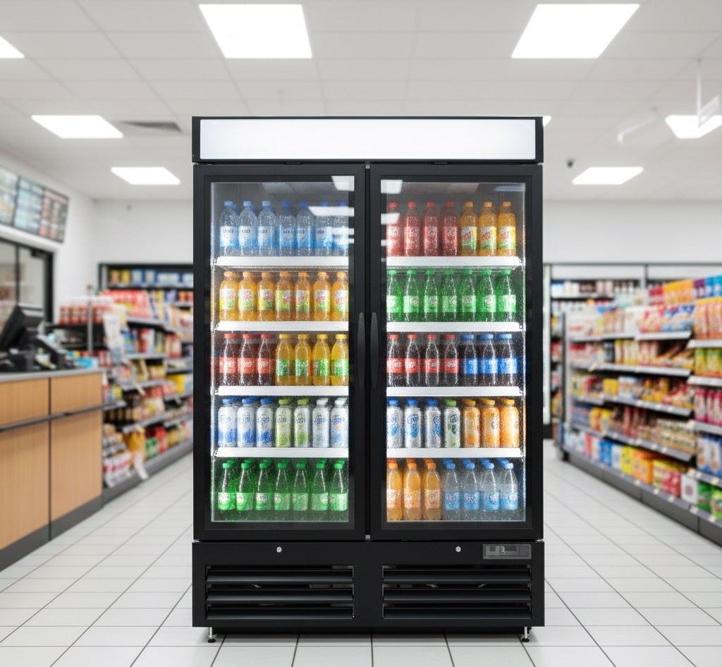 NMR48B 2 Double Swing Door Refrigerator Merchandiser with Illuminated Top Panel, 1359L / 48CuFt, Black