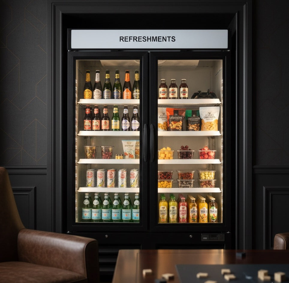 NMR48B 2 Double Swing Door Refrigerator Merchandiser with Illuminated Top Panel, 1359L / 48CuFt, Black