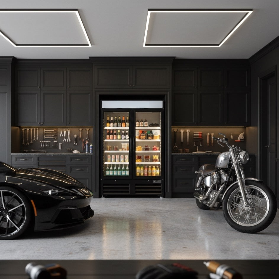 NMR48B 2 Double Swing Door Refrigerator Merchandiser with Illuminated Top Panel, 1359L / 48CuFt, Black