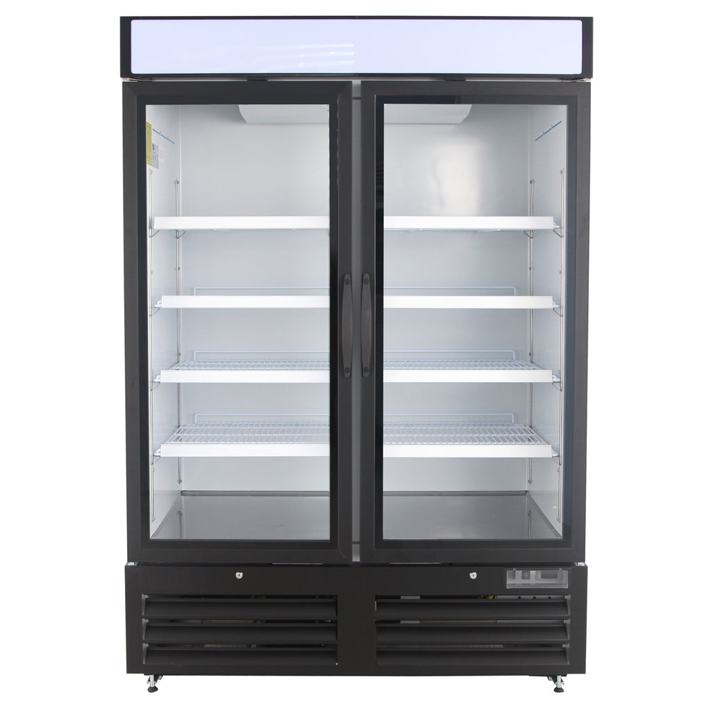 NMR48B 2 Double Swing Door Refrigerator Merchandiser with Illuminated Top Panel, 1359L / 48CuFt, Black