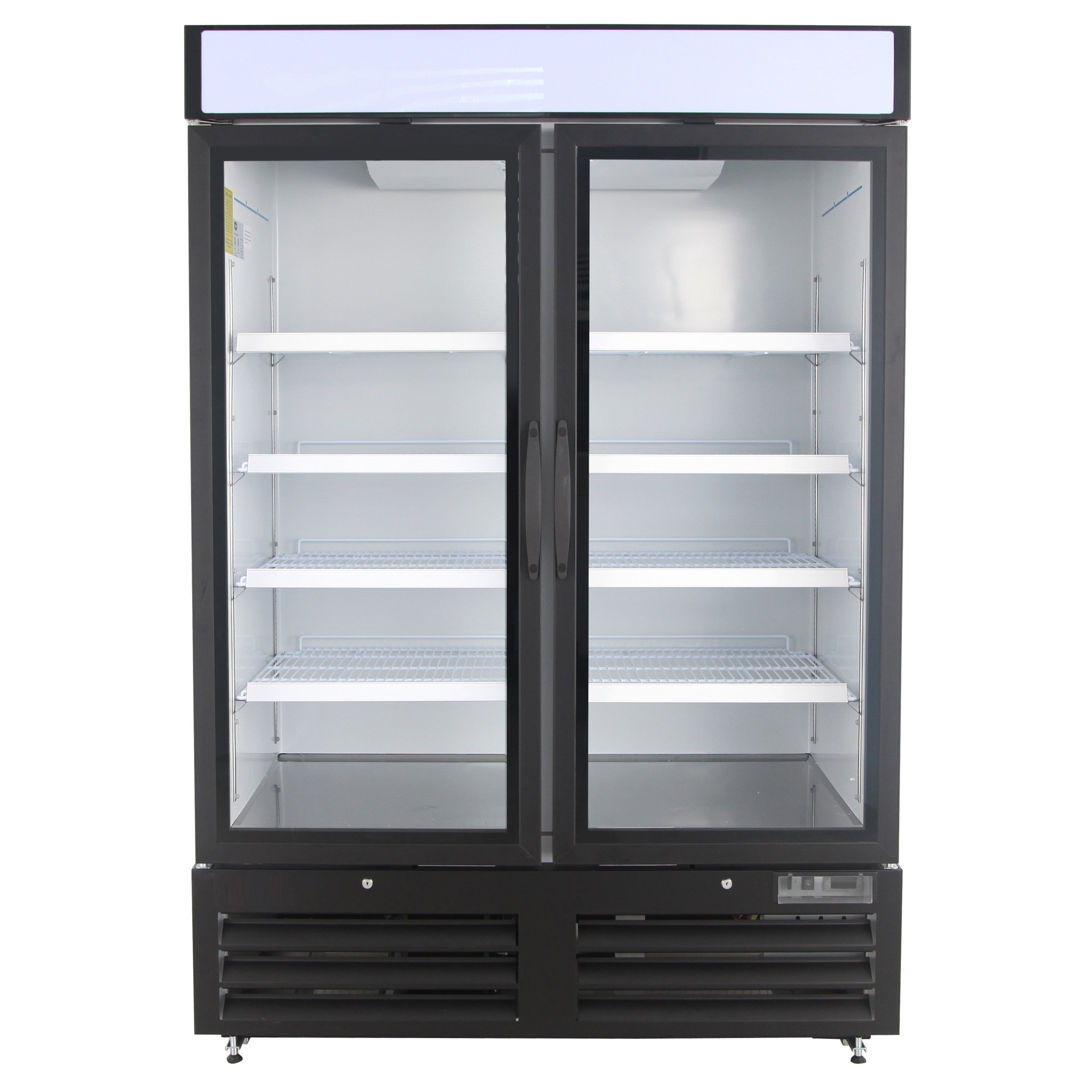 NMR48B 2 Double Swing Door Refrigerator Merchandiser with Illuminated Top Panel, 1359L / 48CuFt, Black