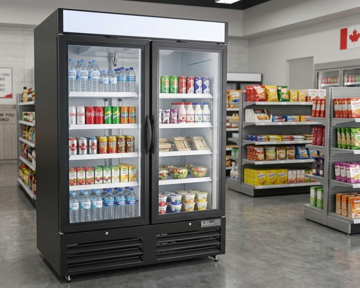 NMR48B Glass Door Refrigerator Merchandiser, 2 Swing Doors, Black