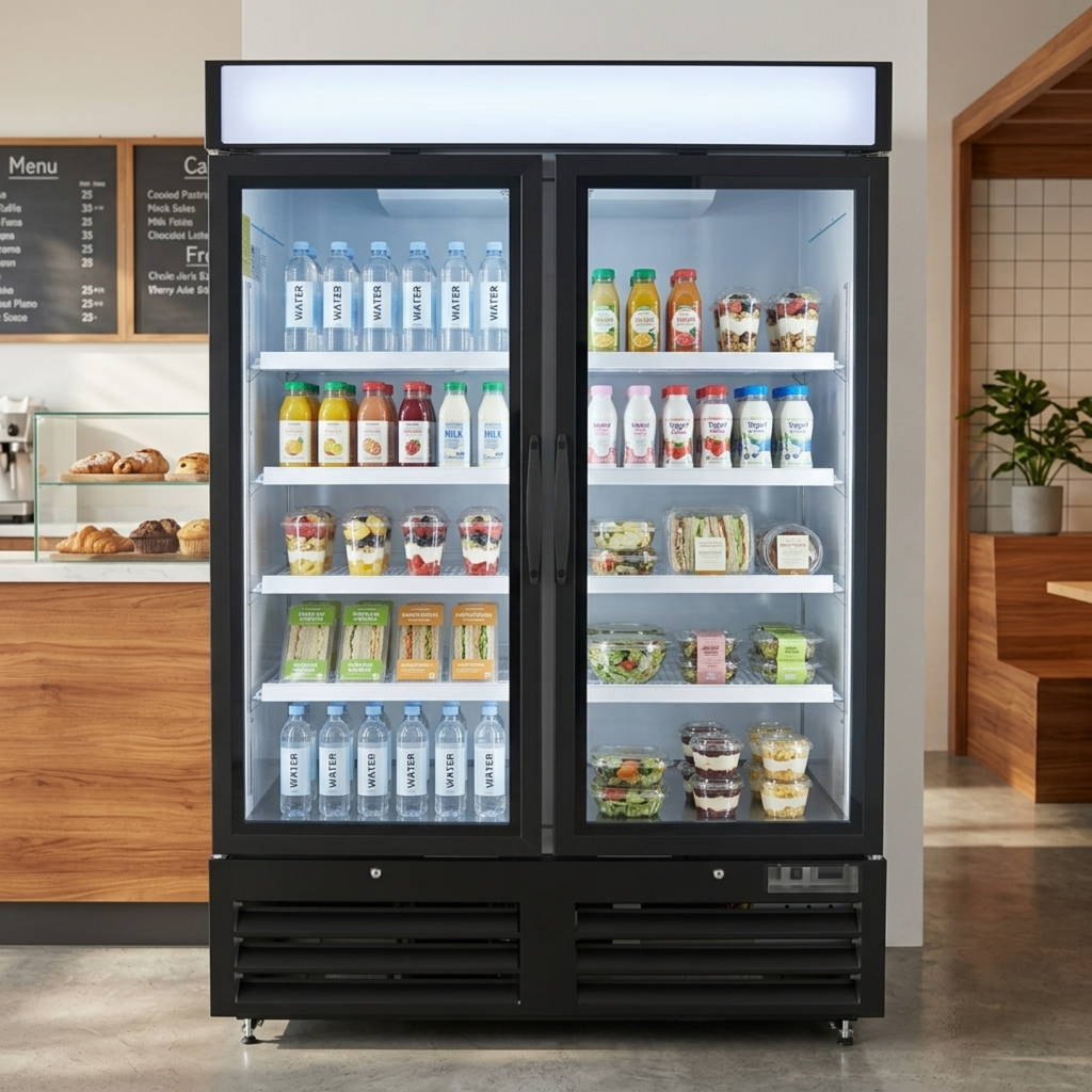 NMR48B Glass Door Refrigerator Merchandiser, 2 Swing Doors, Black