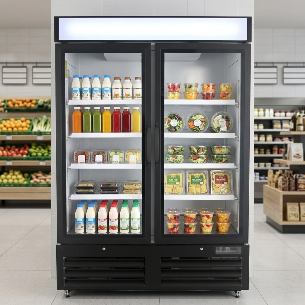 NMR48B Glass Door Refrigerator Merchandiser, 2 Swing Doors, Black