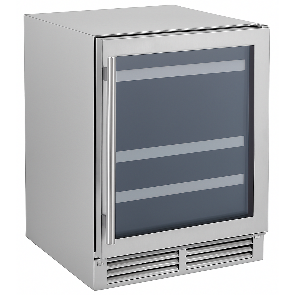 NUBC24OPSS Indoor / Outdoor Built In - Zero Clearance 24in (61cm) Glass Door Beverage Center - UV Resistant Double Pane Glass with Stainless Steel Frame or Overlay Panel Ready