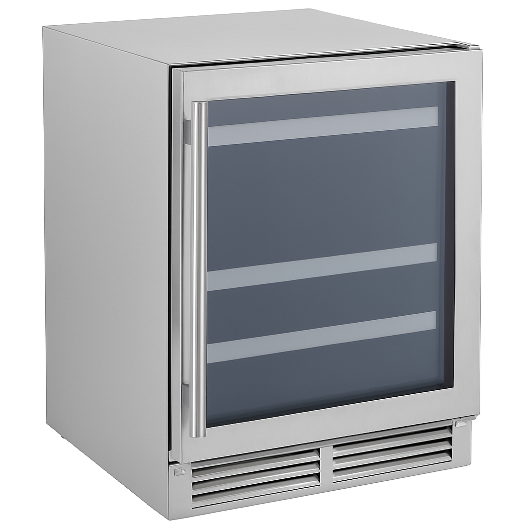 NUBC24OPSS Indoor / Outdoor Built In - Zero Clearance 24in (61cm) Glass Door Beverage Center - UV Resistant Double Pane Glass with Stainless Steel Frame or Overlay Panel Ready