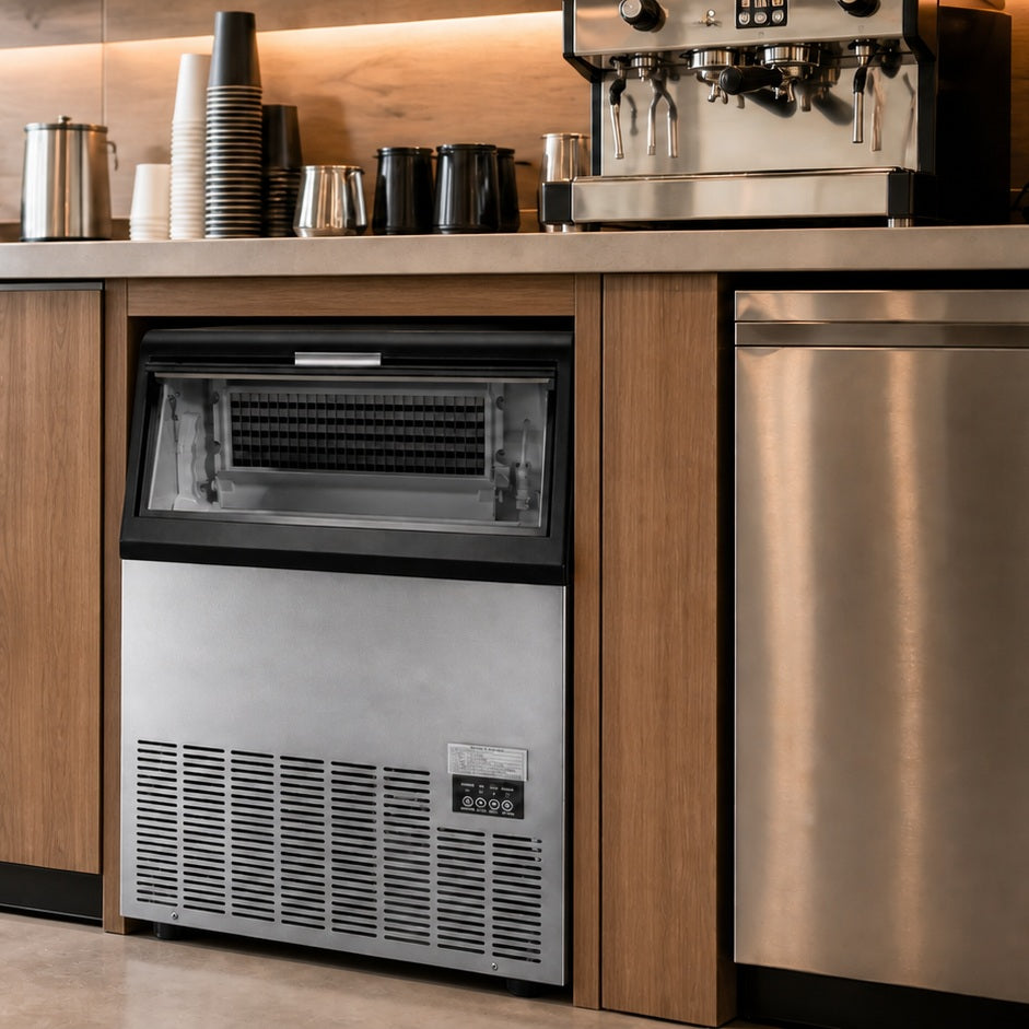 NORIOTA NI120F ice machine installed undercounter in a cafe coffee bar