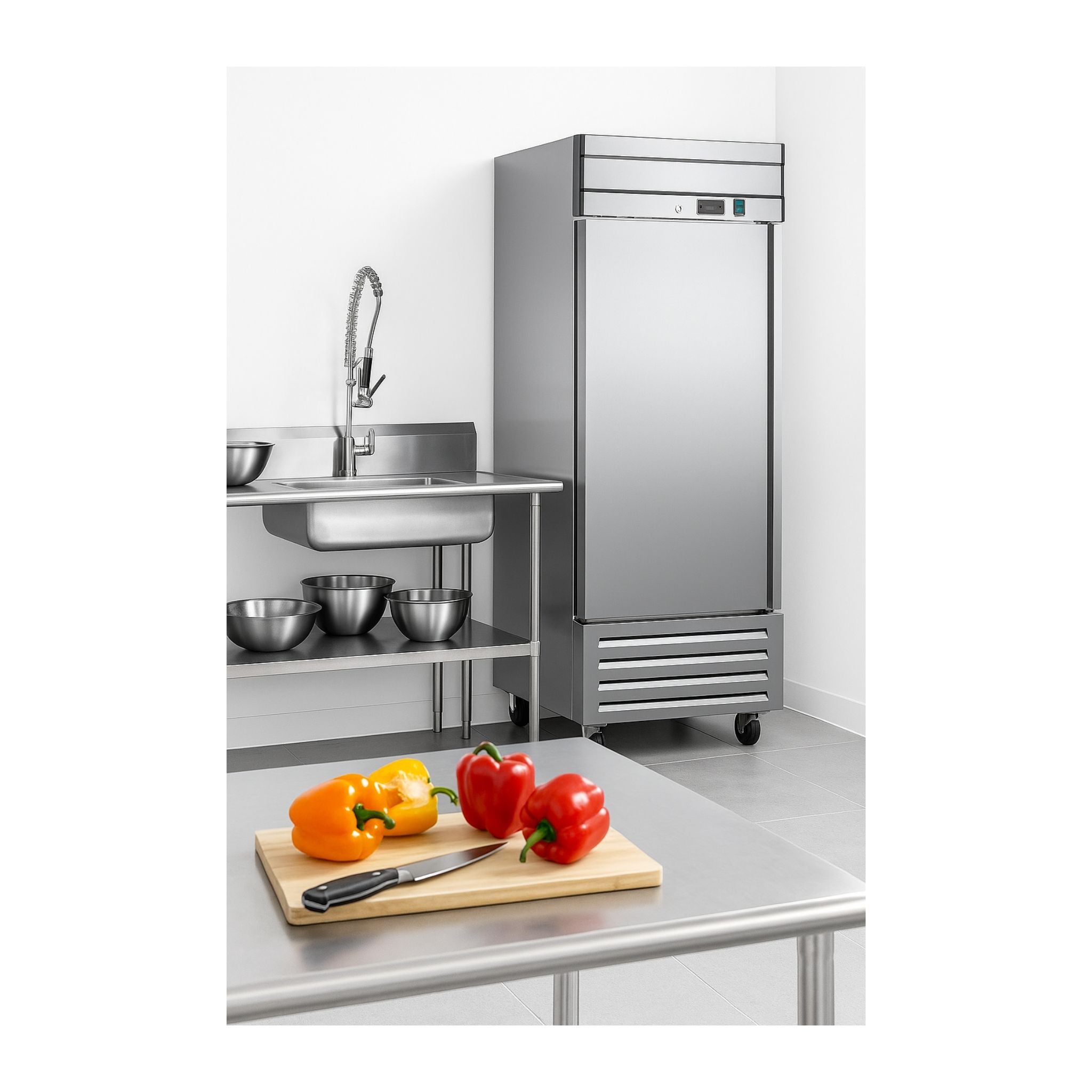noriota nf23 commercial kitchen lifestyle image stainless steel commercial solid door freezer