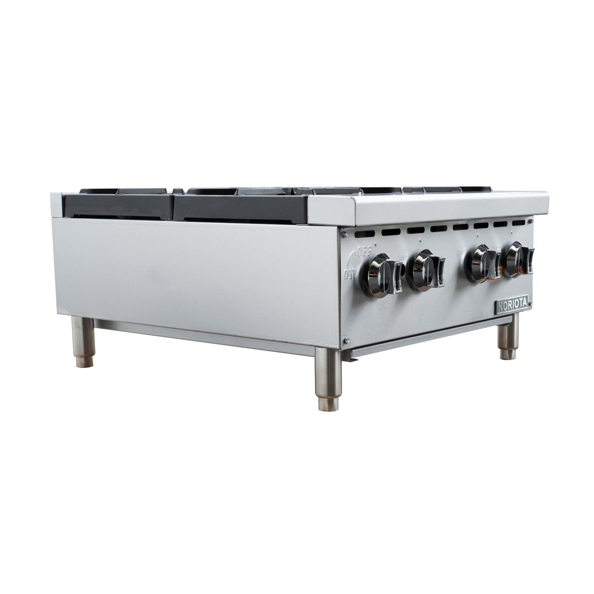 A commercial gas hot plate with a stainless steel body, four front control knobs, and black cast iron burner grates, shown on a plain white background.