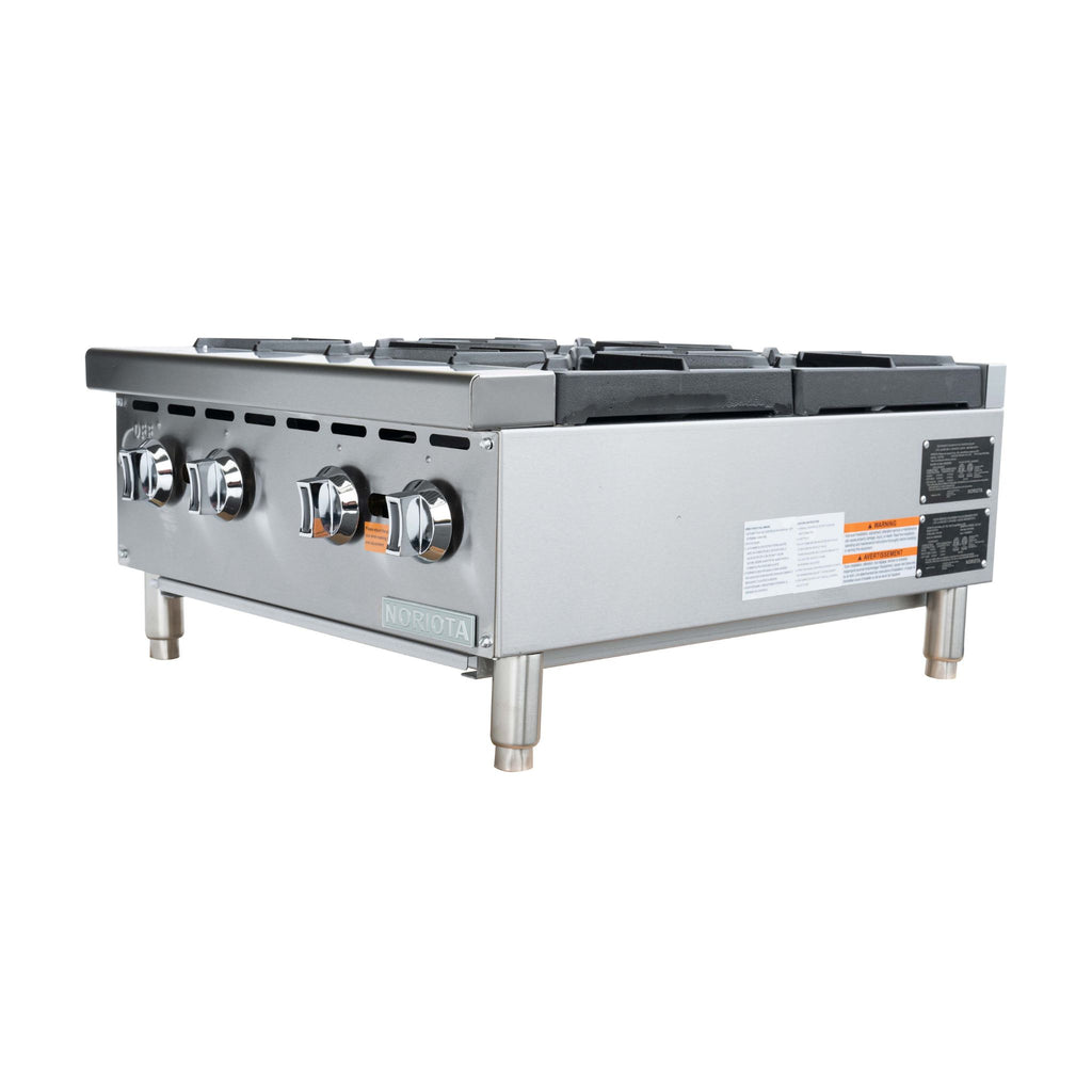 A commercial 4-burner hotplate with a stainless steel body, chrome control knobs, and stainless steel legs, shown from a three-quarter angle on a white background.