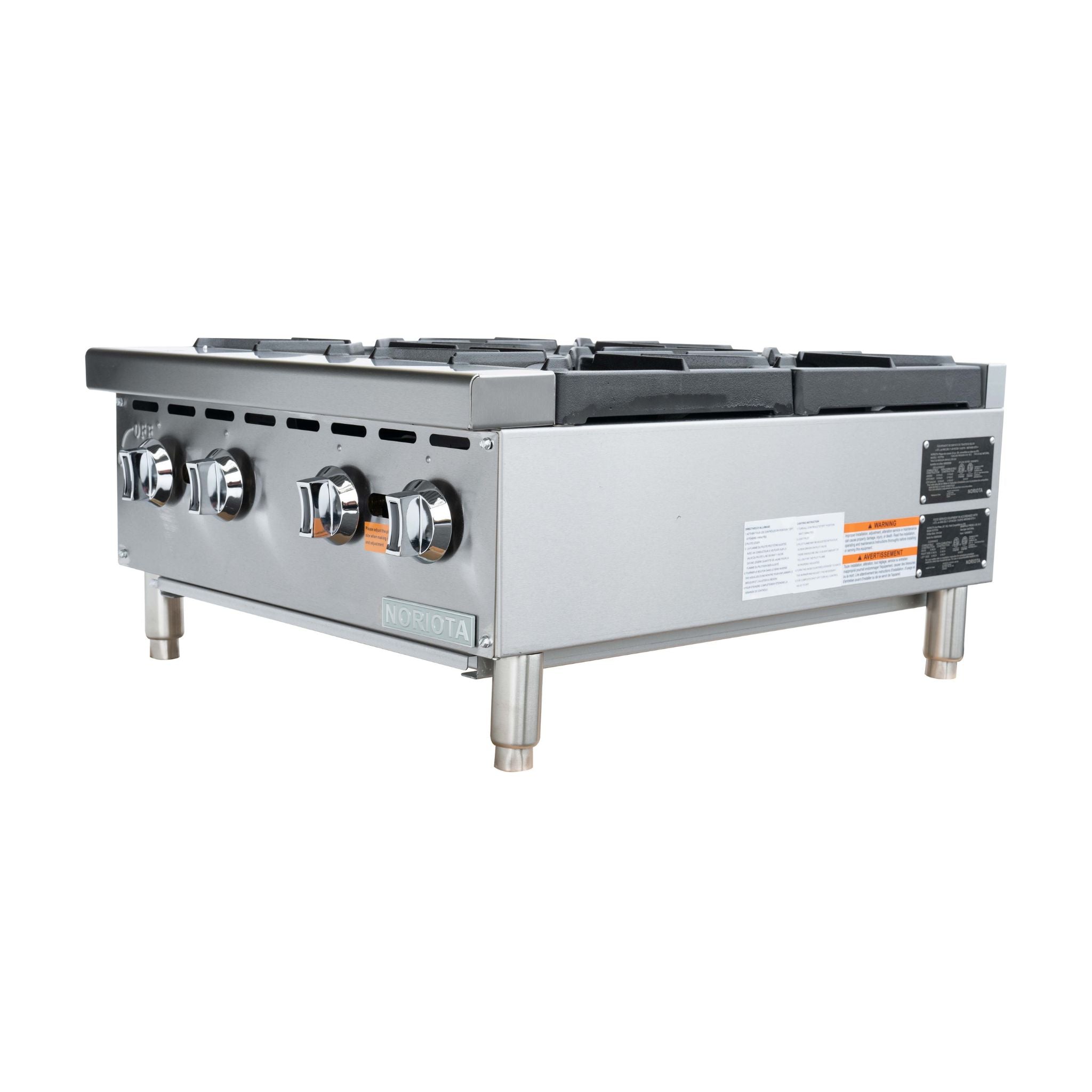 A commercial 4-burner hotplate with a stainless steel body, chrome control knobs, and stainless steel legs, shown from a three-quarter angle on a white background.