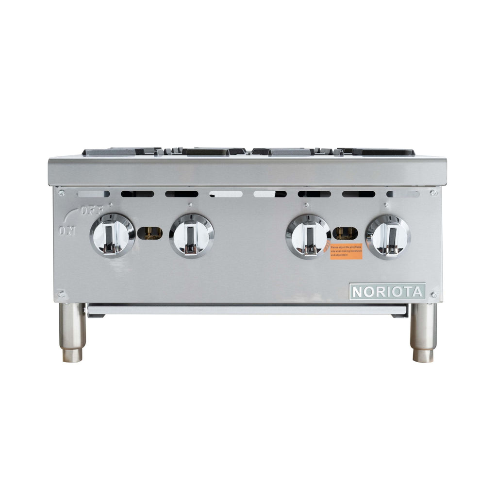 A stainless steel commercial gas range stove with four front control knobs and the NORIOTA brand name on the lower right front panel, shown against a plain white background.