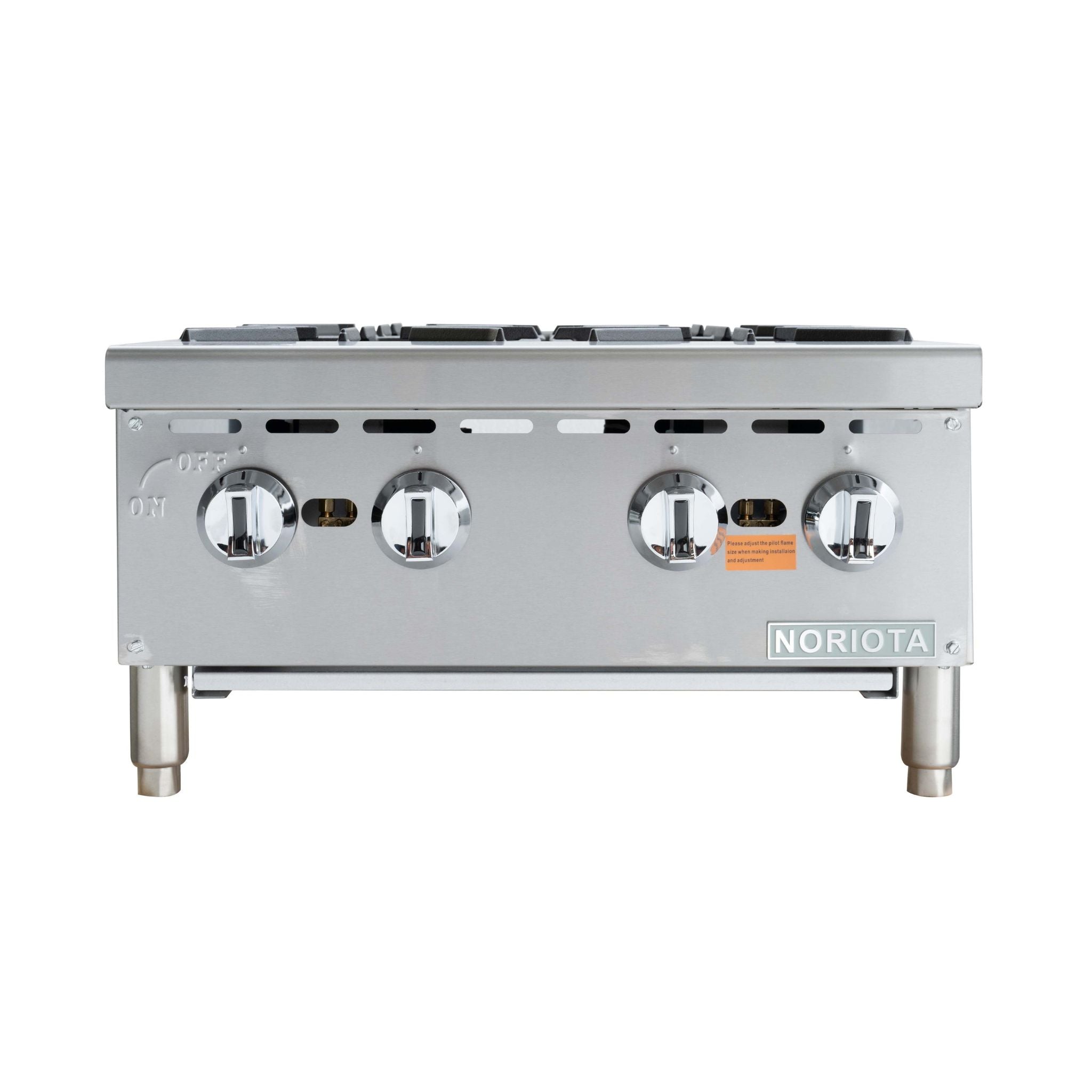 A stainless steel commercial gas range stove with four front control knobs and the NORIOTA brand name on the lower right front panel, shown against a plain white background.