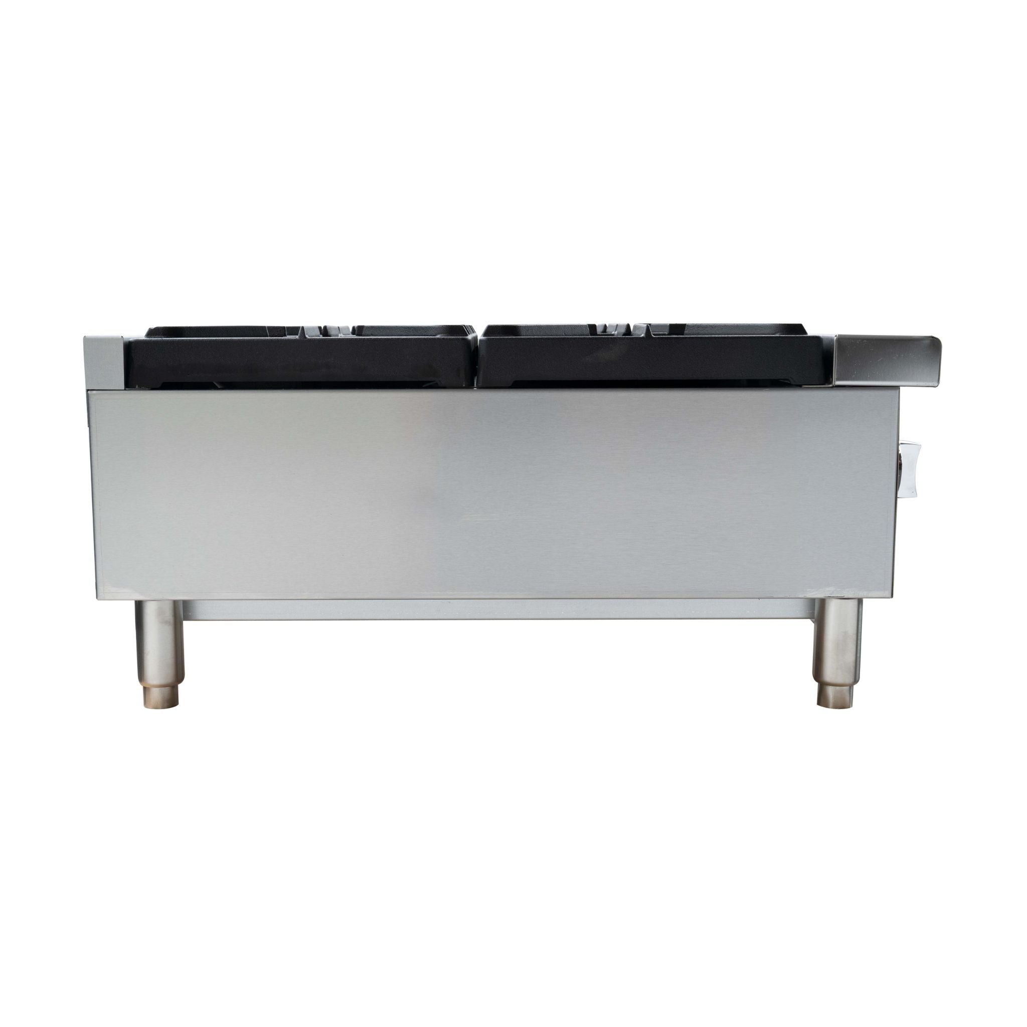 A stainless steel commercial hot plate with two cast iron grates, supported by four metal legs, shown against a plain white background.