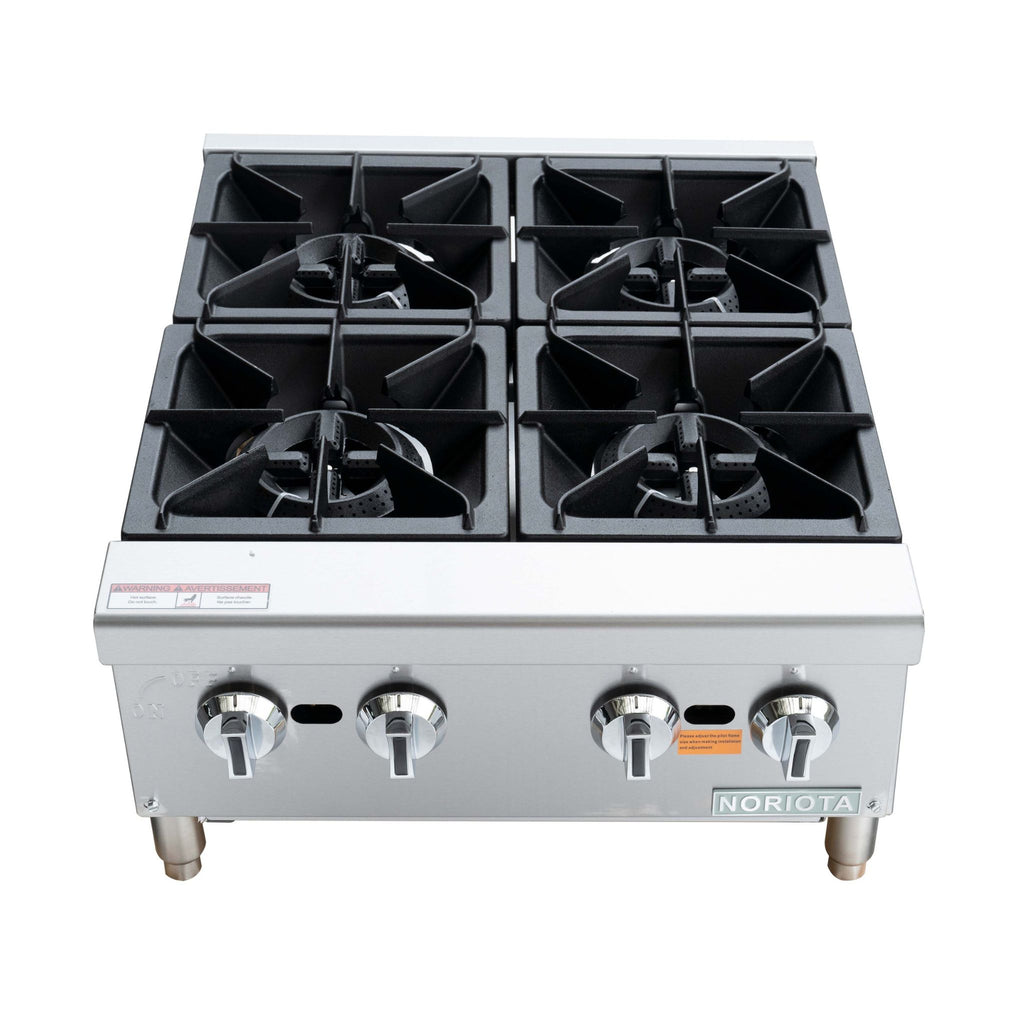 A stainless steel 4-burner gas hot plate with black cast-iron grates and four silver control knobs on a white background.
