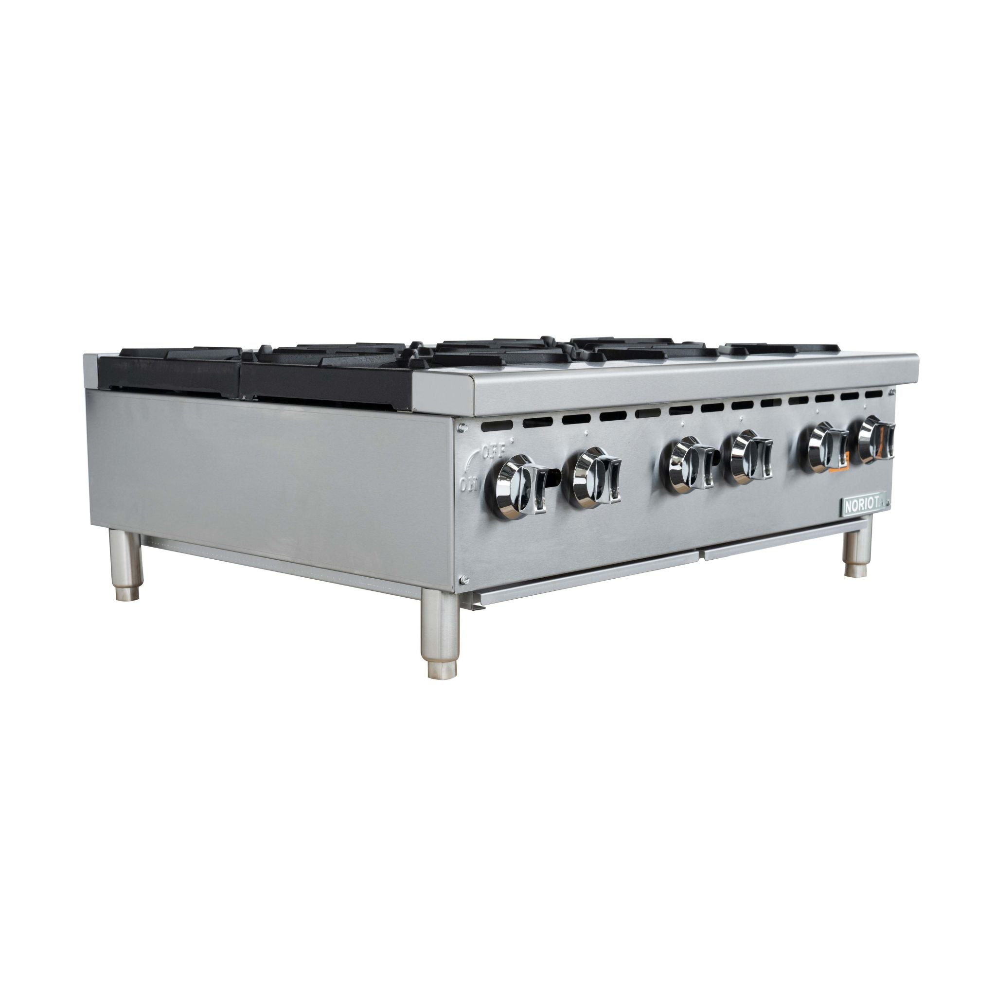 A commercial  gas hot plate with a stainless steel body, black grates, and 6 front-mounted control knobs, shown on a plain white background.