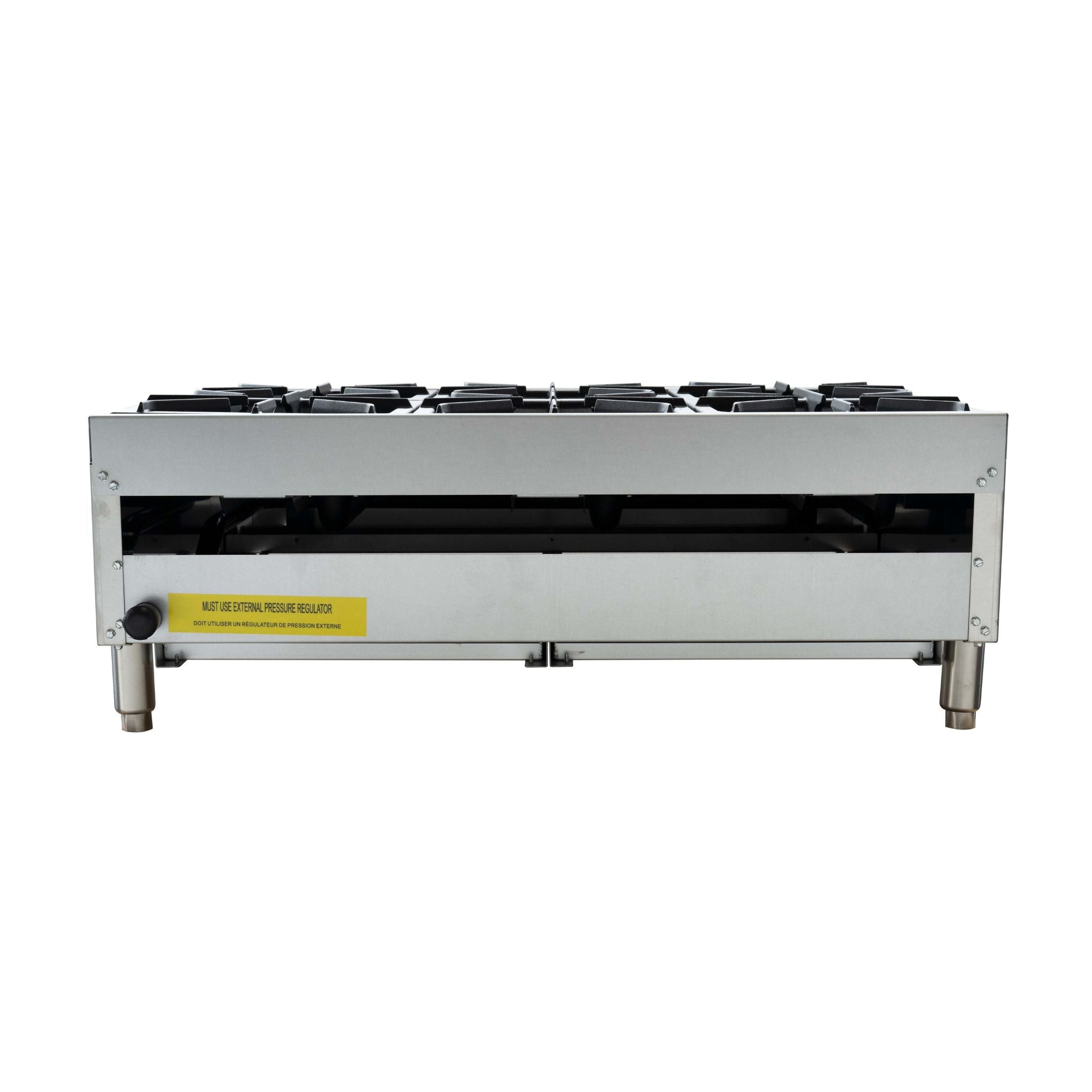 A commercial gas hot plate with a stainless steel body, four legs, and black grates on top, shown against a plain white background.