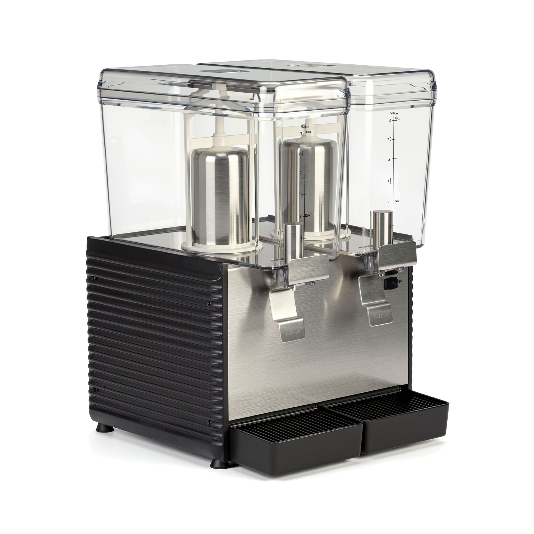 A commercial two-drink beverage dispenser with a black ribbed base, stainless steel front panel, and clear plastic tanks, shown on a white background.