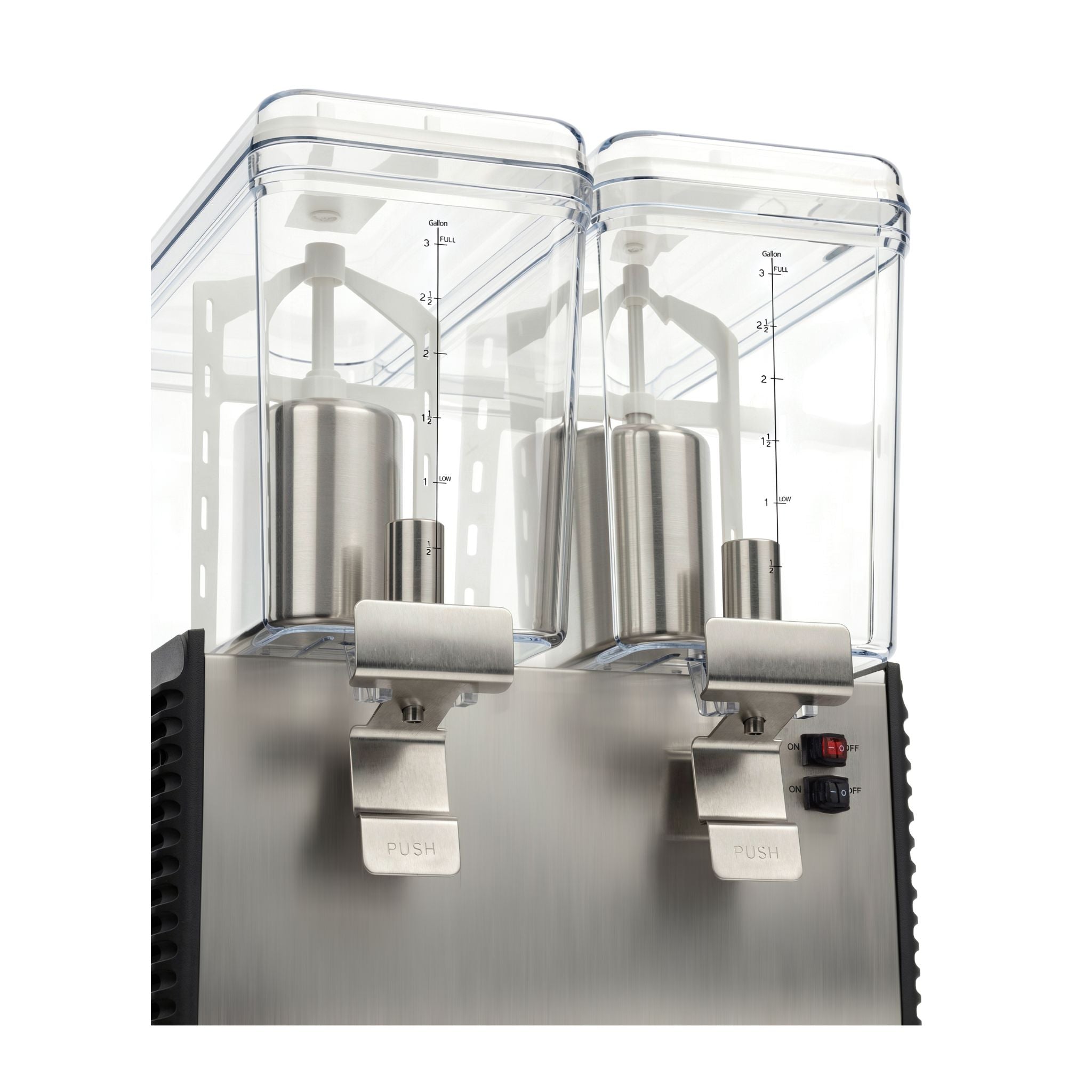 A stainless steel dual-flush drink dispenser with two clear plastic reservoirs, measurement markings, and silver push-flush spouts on a white background.