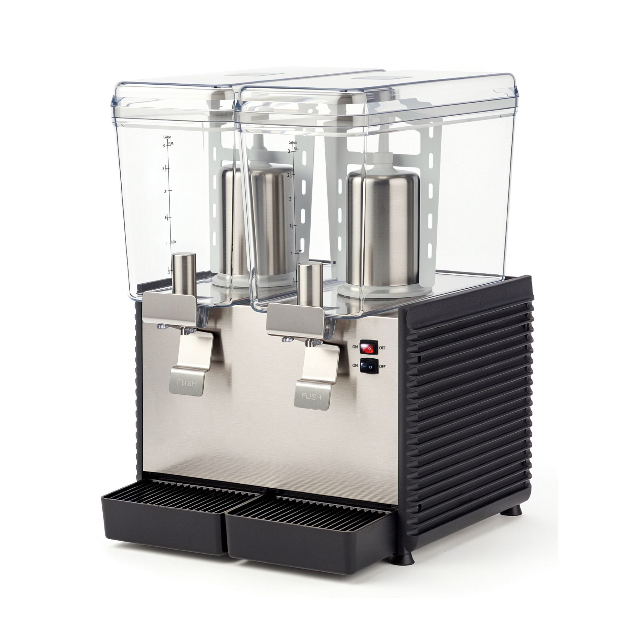 noriota two bowl refrigerated drink dispenser with black plastic siding angled to the right