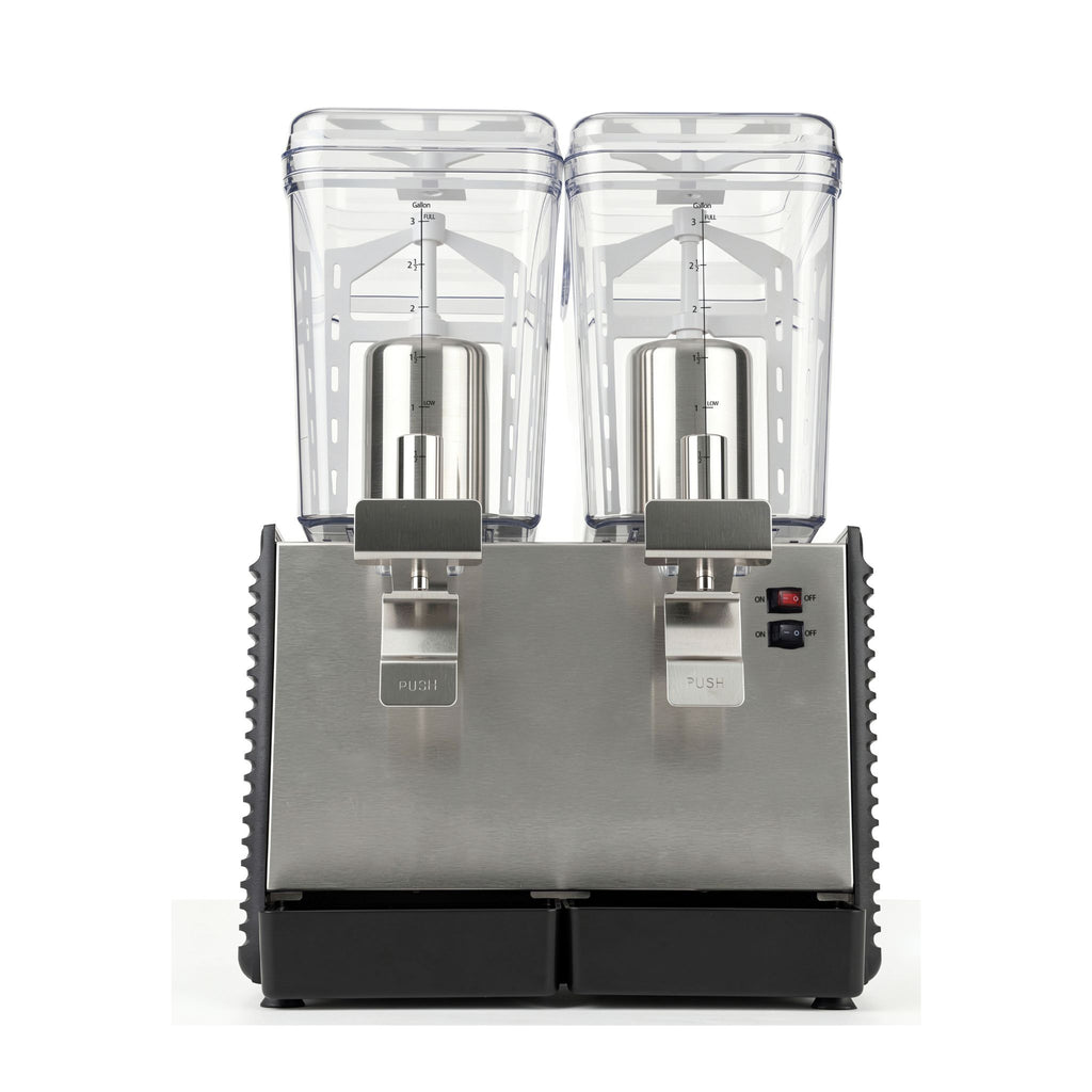 A commercial two-drink dispenser with two clear plastic tanks, stainless steel dispensing heads, and a black base on a white background.