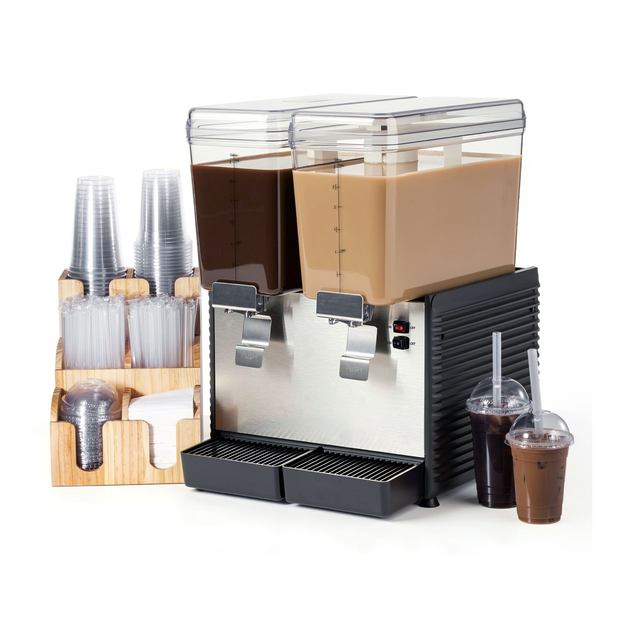 Iced coffee drink dispenser with two bowls
