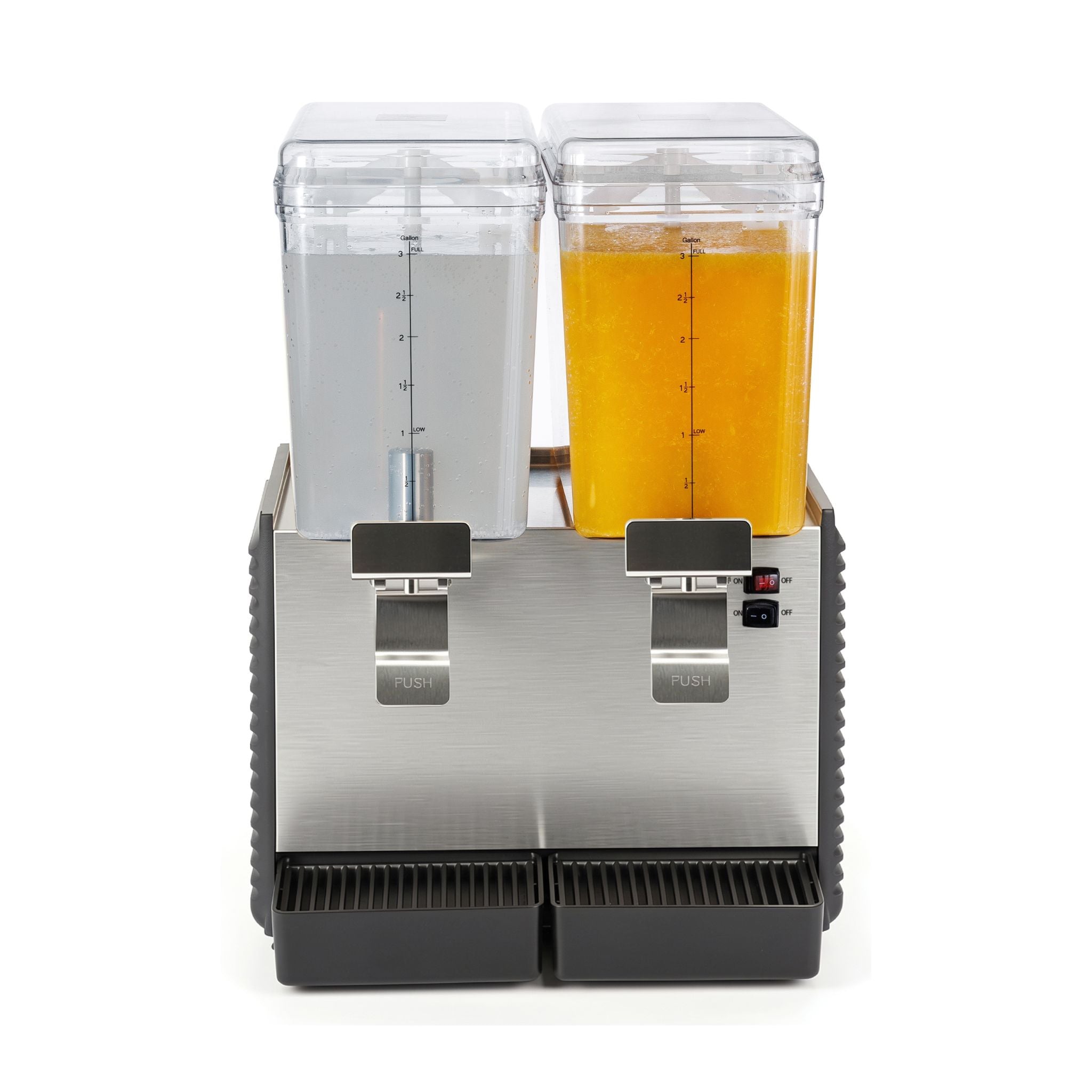 A commercial two-drink dispenser with two clear plastic tanks, one filled with lemonade and the other with orange juice, mounted on a brushed stainless steel and black base.