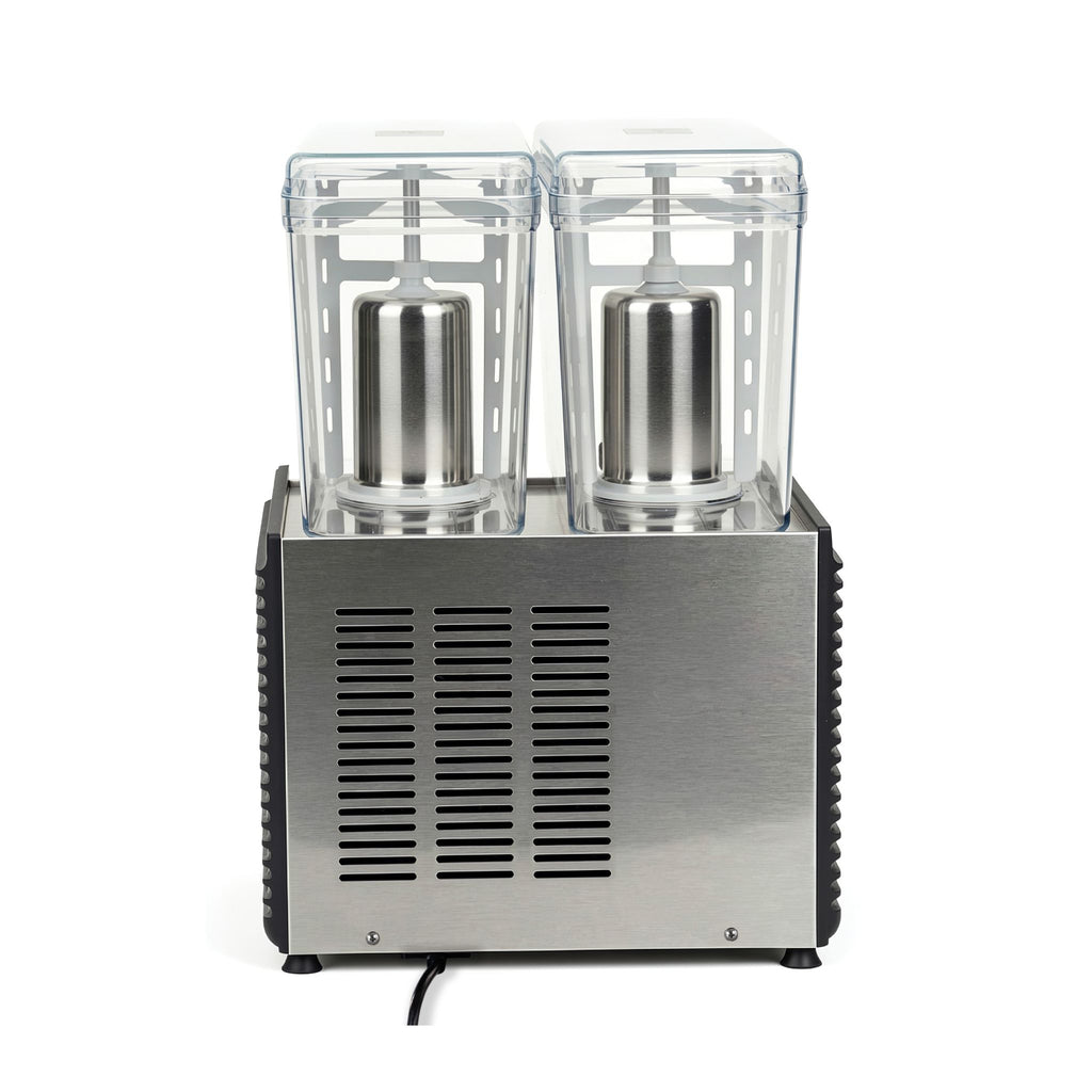 A stainless steel dual-flavor soft serve machine with two clear plastic cups and visible metal cylinders inside, shown on a plain white background.