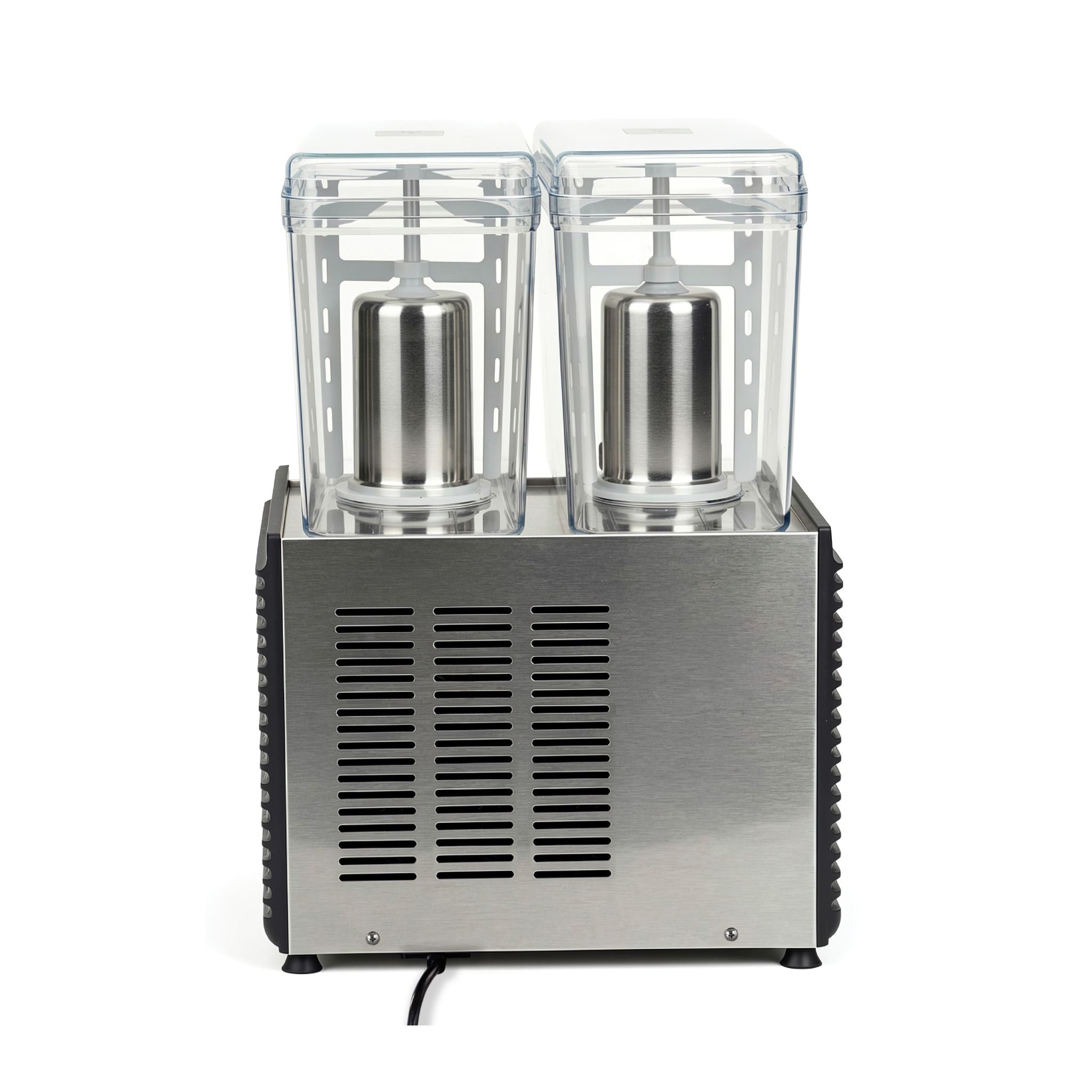 A stainless steel dual-flavor soft serve machine with two clear plastic cups and visible metal cylinders inside, shown on a plain white background.