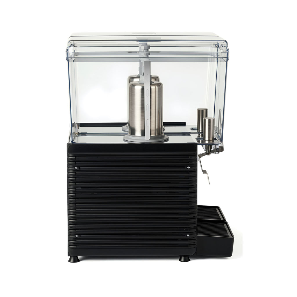 A commercial beverage dispenser with a black ribbed base, clear plastic canopy, stainless steel mixing cylinder, and a small black drip tray on a white background.